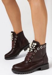 Brązowe Botki Morepheia. Brązowe botki damskie Born2be, glamour, z okrągłym noskiem, bez obcasa, na płaskiej podeszwie, bez zapięcia. Za 119.99 zł.