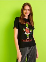 Koszulka Grinch - czarny. Czarne koszulki damskie Sinsay, l, bez wzorów, bez kołnierzyka, bez ramiączek. Za 29.99 zł.