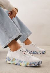 Białe Skórzane Sneakersy na Plaformie w Pióra z Perforacją Tidessa. Białe obuwie sportowe damskie Renee, z jeansu, bez zapięcia. Za 179.99 zł.