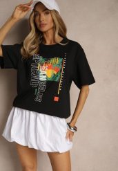 Czarna Koszulka T-shirt z Bawełny Zdobiona Oryginalnym Nadrukiem Savindrae. Czarne bluzki damskie Renee, l, z aplikacjami, z bawełny, bez kołnierzyka, bez ramiączek. Za 29.99 zł.