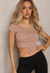Ciemnobeżowy T-shirt z Bawełny Ozdobiony Wycięciem i Łańcuszkiem Sparkina. Brązowe t-shirty damskie Renee, m, bez wzorów, z bawełny, bez kołnierzyka. Za 39.99 zł.