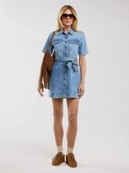 Sukienka damska mini jeansowa z krótkim rękawem niebieska Josie 304. Niebieskie sukienki damskie Big Star, bez wzorów, z denimu, klasyczne, bez ramiączek. W wyprzedaży za 199.99 zł.