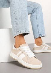 Beżowe Płaskie Sneakersy z Paskiem Quinesi. Brązowe obuwie sportowe damskie Renee, z dresówki, bez zapięcia. Za 74.99 zł.