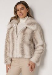 Jasnobeżowa Kurtka Futerko o Prostym Kroju z Zapięciem na Suwak Tusiviela. Brązowe kurtki damskie Born2be, l, bez wzorów, z dzianiny, bez kaptura. Za 239.99 zł.
