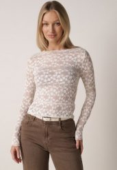 Beżowy Bluzka Koronkowa z Transparentnego Materiału Hermatea. Brązowe bluzki damskie Born2be, m, bez wzorów, z jeansu, eleganckie, bez kołnierzyka, bez ramiączek. Za 79.99 zł.