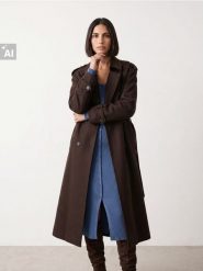 Dwurzędowy płaszcz loose fit z paskiem - brązowy. Brązowe płaszcze damskie Sinsay, l, bez wzorów, bez kaptura. Za 139.99 zł.