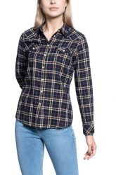 DAMSKA KOSZULA MATERIAŁOWA WRANGLER WESTERN CHECK SHIRT NAVY W5N1O9114 112130256. Niebieskie koszule damskie Wrangler, s, bez wzorów, z materiału, bez kołnierzyka, bez ramiączek. Za 129.99 zł.