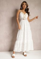 Biało-Beżowa Haftowana Sukienka Bawełniana w Stylu Boho Tirinassa. Białe sukienki damskie Renee, bez wzorów, z bawełny, boho, bez ramiączek. W wyprzedaży za 80.99 zł.