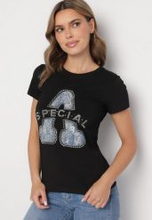 Czarny Bawełniany T-shirt Ozdobiony Napisem i Cyrkoniami Isnorea. Czarne t-shirty damskie Born2be, m, bez wzorów, z bawełny, bez kołnierzyka. Za 34.99 zł.