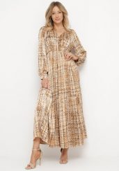 Brązowa Sukienka Maxi z Gumką w Talii i Plisowanym Dołem w Tweedowy Wzór Viostana. Brązowe sukienki damskie Born2be, bez wzorów, eleganckie, bez ramiączek. W wyprzedaży za 144.49 zł.