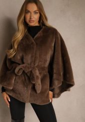 Brązowe Futerkowe Ponczo Ozdobione Paskiem Monareva. Brązowe swetry klasyczne damskie Renee, z jeansu, bez kołnierzyka. Za 299.99 zł.