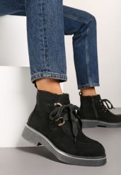 Czarne Ocieplane Płaskie Botki Ozdobione Sznurowaniem Resivara. Czarne botki damskie Renee, z jeansu, eleganckie, bez obcasa, na płaskiej podeszwie, bez zapięcia. Za 139.99 zł.