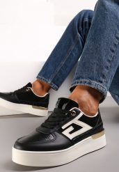 Czarne Sznurowane Sneakersy na Grubej Podeszwie z Metaliczną Wstawką Faeline. Czarne obuwie sportowe damskie Renee, bez zapięcia. Za 49.99 zł.