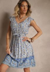 Niebieska Rozkloszowana Sukienka z Wiskozy z Wiązanym Paskiem Sepelise. Niebieskie sukienki damskie Renee, bez wzorów, z wiskozy, eleganckie, bez ramiączek. W wyprzedaży za 39.99 zł.
