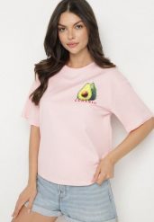 Różowy T-shirt z Bawełną i Motywem Awokado Addixa. Czerwone t-shirty damskie Born2be, m, bez wzorów, z bawełny, bez kołnierzyka. Za 79.99 zł.