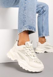 Beżowe Sznurowane Sneakersy na Grubej Podeszwie z Odblaskami Xerxia. Brązowe obuwie sportowe damskie Born2be, bez zapięcia. Za 89.99 zł.