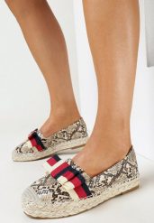 Beżowe Plecione Espadryle z Imitacji Skóry Węża z Kokardką Marleia. Brązowe espadryle damskie Born2be, bez wzorów, ze skóry, bez obcasa. Za 44.99 zł.