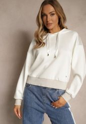 Biała Bluza z Kapturem Ozdobiona Ściągaczami i Metaliczną Nitką Ulisiela. Białe bluzy damskie Renee, l, bez wzorów, z jeansu, z kapturem. Za 69.99 zł.