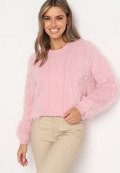 Różowy Sweter z Długim Włosiem i Dodatkiem Wełny Merithina. Czerwone swetry klasyczne damskie Born2be, uniwersalny, z dzianiny, bez kołnierzyka. Za 69.99 zł.