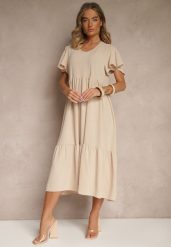 Jasnobeżowa Rozkloszowana Sukienka z Wiskozą w Casualowym Stylu Filarenna. Brązowe sukienki damskie Renee, bez wzorów, z wiskozy, eleganckie, bez ramiączek. W wyprzedaży za 63.99 zł.
