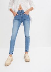 Dżinsy Skinny mid waist, cropped. Niebieskie jeansy damskie bonprix, bez wzorów, z jeansu. Za 132.99 zł.