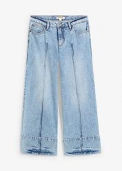 Dżinsy Wide Leg, mid waist, cropped. Niebieskie jeansy damskie bonprix. Za 54.99 zł.