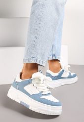 Biało-Niebieskie Sneakersy na Platformie Wiązane na Szerokie Sznurowadła Viletra. Białe obuwie sportowe damskie Renee, bez zapięcia. Za 89.99 zł.