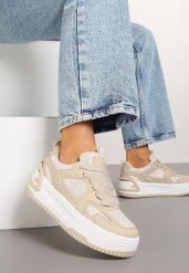 Beżowe Sneakersy na Grubej Podeszwie Zdobione Brokatem Deorianis. Brązowe obuwie sportowe damskie Born2be, z jeansu, bez zapięcia. Za 89.99 zł.