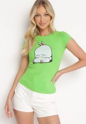 Jasnozielony Bawełniany T-shirt z Ozdobnym Nadrukiem Ianestra. Zielone t-shirty damskie Born2be, m, bez wzorów, z bawełny, bez kołnierzyka. Za 34.99 zł.