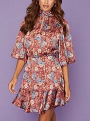 Milan Kiss Sukienka w kolorze brązowo-niebieskim ze wzorem rozmiar: L. Brązowe sukienki damskie Milan Kiss, bez wzorów, bez ramiączek. Za 105.63 zł.