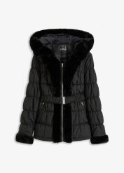 Kurtka pikowana ze sztucznym futerkiem. Czarne kurtki damskie bonprix, na zimę, bez wzorów, bez kaptura. Za 329.99 zł.