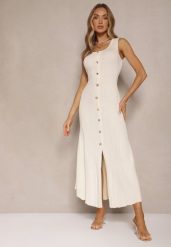 Jasnobeżowa Sweterkowa Sukienka z Wiskozy Ozdobiona Guzikami Lunioris. Brązowe sukienki damskie Renee, bez wzorów, z wiskozy, eleganckie, bez ramiączek. W wyprzedaży za 135.99 zł.