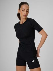 4F Koszulka treningowa slim szybkoschnąca damska - czarna S. Czarne bluzki damskie 4F, s, bez wzorów, z materiału, bez kołnierzyka, bez ramiączek. Za 119.99 zł.
