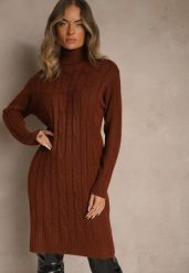Brązowa Prążkowana Sukienka z Golfem z Dzianiny z Wełną Esandra. Brązowe sukienki damskie Renee, bez wzorów, z bawełny, bez ramiączek. Za 89.99 zł.