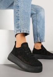 Czarne Sneakersy na Platformie z Ażurowym Wykończeniem Isdisane. Czarne obuwie sportowe damskie Renee, z jeansu, bez zapięcia. Za 69.99 zł.