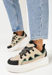 Beżowo-Czarne Sneakersy na Grubej Podeszwie z Wstawkami Jacopa. Brązowe obuwie sportowe damskie Born2be, bez zapięcia. Za 109.99 zł.