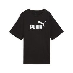 Damska luźna koszulka Essentials z logo No.1 PUMA. Czarne koszulki damskie Puma, bez wzorów, z gumy, bez kołnierzyka, bez ramiączek. Za 99.00 zł.