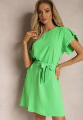 Jasnozielona Mini Sukienka Rozkloszowana ze Zdobionym Rękawem i Materiałowym Paskiem Ajemia. Zielone sukienki damskie Renee, z aplikacjami, z materiału, eleganckie, bez ramiączek. W wyprzedaży za 35.99 zł.