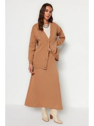 Trendyol 2-częściowy zestaw w kolorze jasnobrązowym rozmiar: L. Brązowe kardigany damskie Trendyol, l, bez kołnierzyka. Za 104.99 zł.
