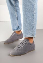 Szare Skórzane Sneakersy w Klasycznym Stylu Fonavina. Szare obuwie sportowe damskie Born2be, z jeansu, bez zapięcia, trekkingowe. Za 109.99 zł.