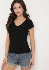 Czarny T-shirt z Wiskozą z Prążkowanej Dzianiny Ralendria. Czarne t-shirty damskie Born2be, s, z aplikacjami, z dzianiny, bez kołnierzyka. Za 29.99 zł.