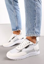 Białe Brokatowe Sneakersy z Metalicznymi Wstawkami Decima. Białe obuwie sportowe damskie Renee, bez zapięcia. Za 74.99 zł.