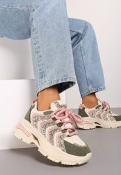 Beżowo-Zielone Brokatowe Sneakersy na Grubej Podeszwie Wlanna. Brązowe obuwie sportowe damskie Born2be, z materiału, bez zapięcia. Za 109.99 zł.