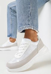 Srebrne Sneakersy z Cyrkoniami na Cholewce Diselva. Białe obuwie sportowe damskie Born2be, bez zapięcia. Za 69.99 zł.