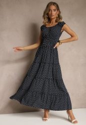 Granatowa Sukienka z Bawełną i Wiskozą w Kropki z Guzikami Lilavira. Niebieskie sukienki damskie Renee, bez wzorów, z bawełny, eleganckie, bez ramiączek. W wyprzedaży za 52.49 zł.