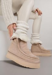 Beżowe Śniegowce z Przeszyciami Oliwedea. Brązowe śniegowce damskie Born2be, z jeansu. Za 159.99 zł.