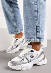 Biało-Srebrne Sneakersy na Grubej Podeszwie z Ozdobnymi Wstawkami i Sznurowaniem Ladilka. Białe obuwie sportowe damskie Born2be, z materiału, bez zapięcia. Za 109.99 zł.