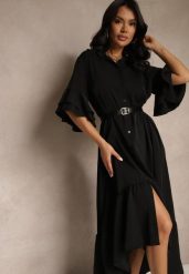 Czarna Koszulowa Sukienka Ozdobiona Falbanką Ransara. Czarne sukienki damskie Renee, bez wzorów, eleganckie, bez ramiączek. W wyprzedaży za 62.99 zł.