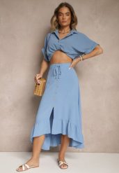 Niebieska Spódnica z Przedłużonym Tyłem Zdobiona Falbanami i Guzikami Maleira. Niebieskie spódnice damskie Renee, na co dzień, l, z aplikacjami, boho, midi. Za 44.99 zł.