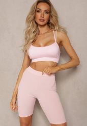 Jasnoróżowe Sportowe Szorty Kolarki Prążkowane High Waist Steiama. Czerwone spodenki sportowe damskie Renee, l, bez wzorów, z materiału, z podwyższonym stanem, do biegania. Za 24.99 zł.